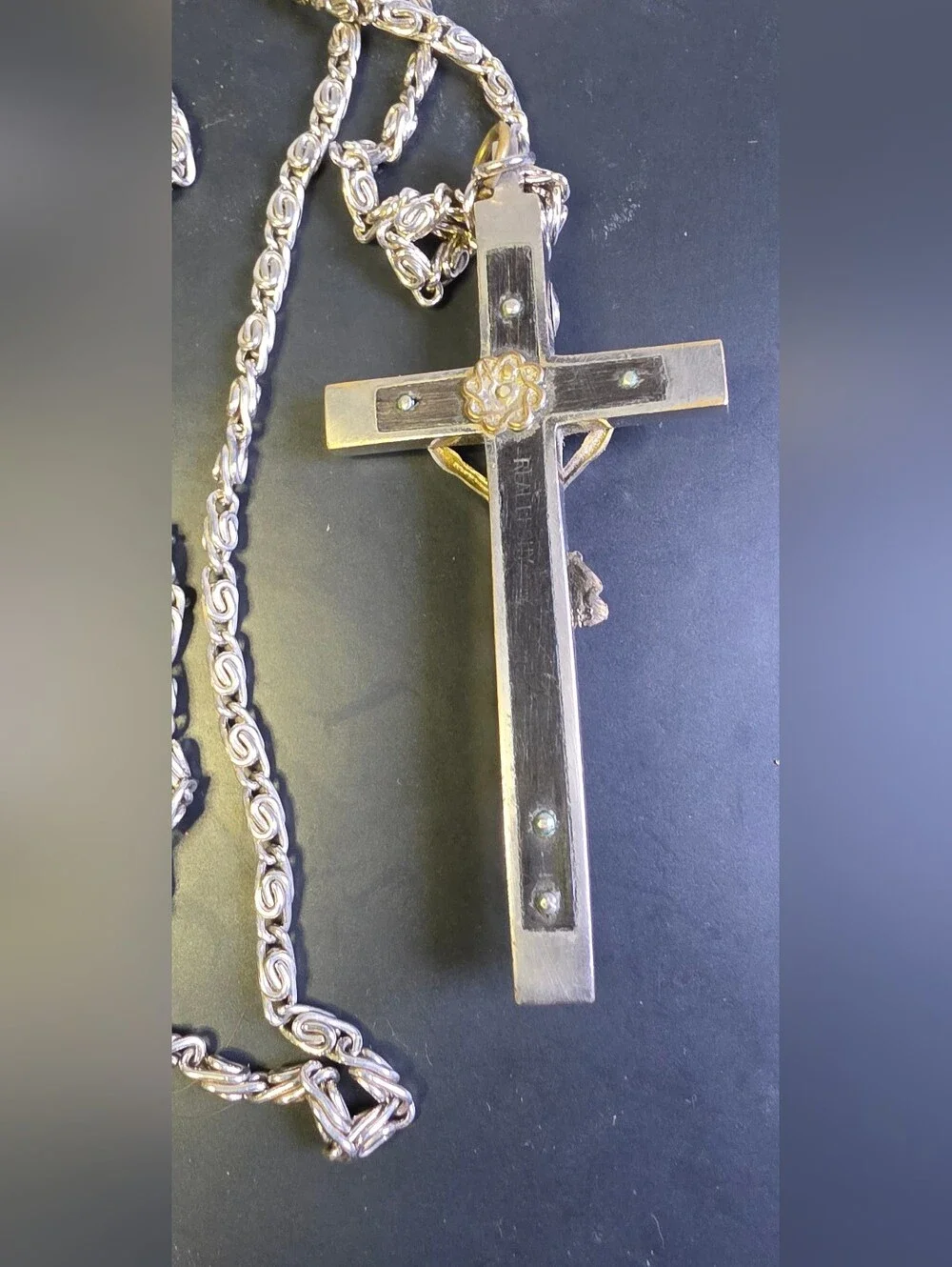Vintage Catholic Nun's Or Priests Crucifix Featuring An Ebony Wood Inlay